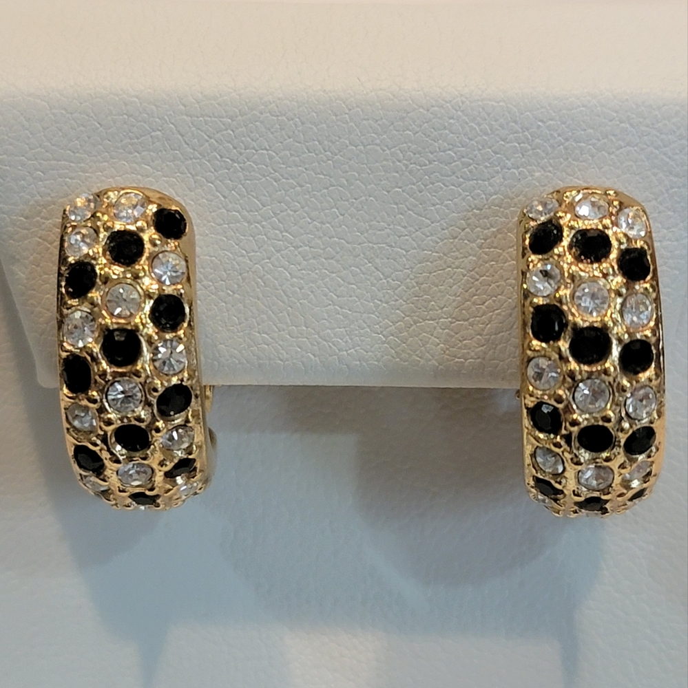 Vintage Roman Black Clear Rhinestone Gold Tone Half Hoop Clip On Earrings